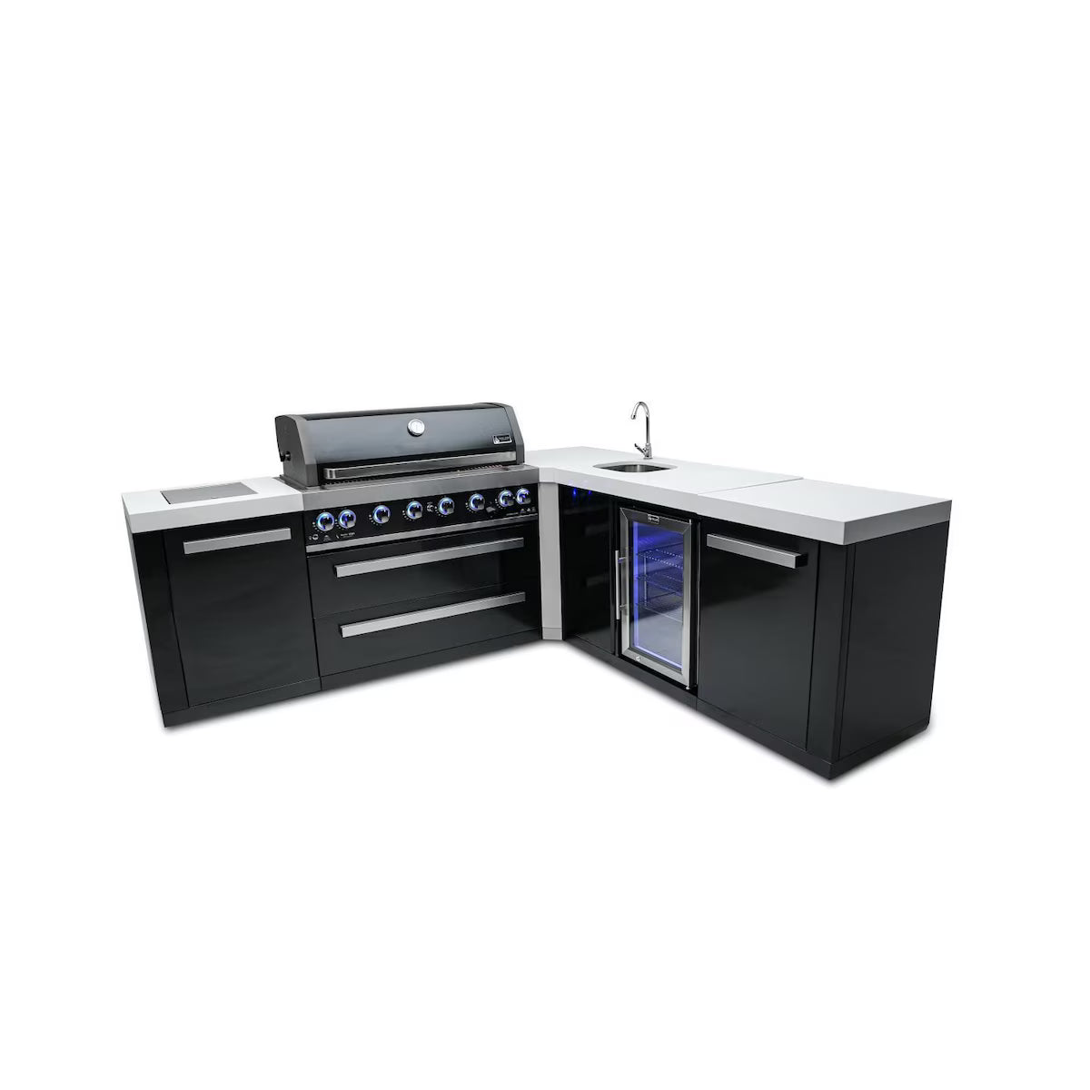 Mont Alpi Black Series 8 Ft L-Shaped Outdoor Kitchen Island w/ Side Burner & Beverage Center