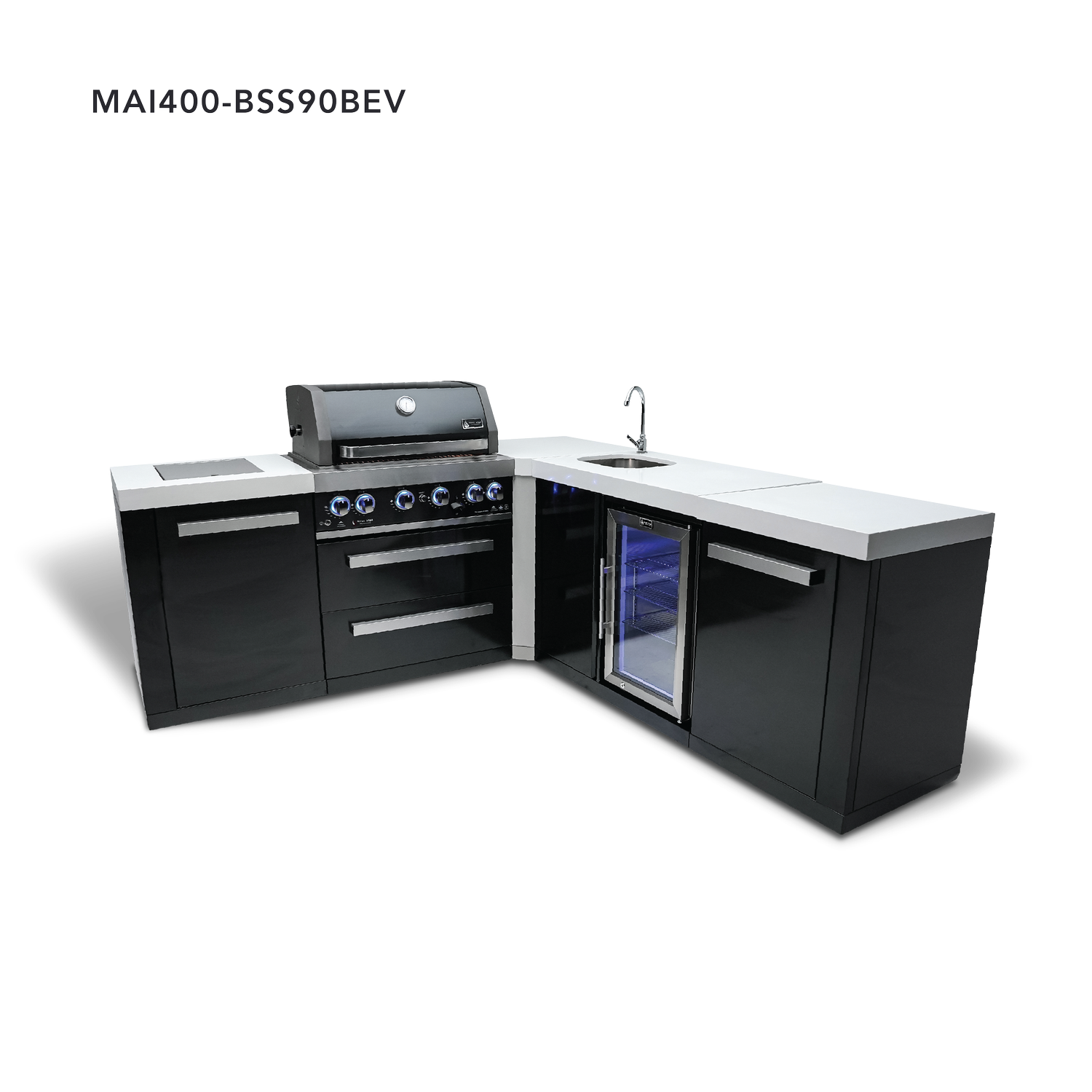 MONT ALPI 4-BURNER BLACK STAINLESS STEEL ISLAND WITH 90-DEGREE CORNER & BEVERAGE CENTER
