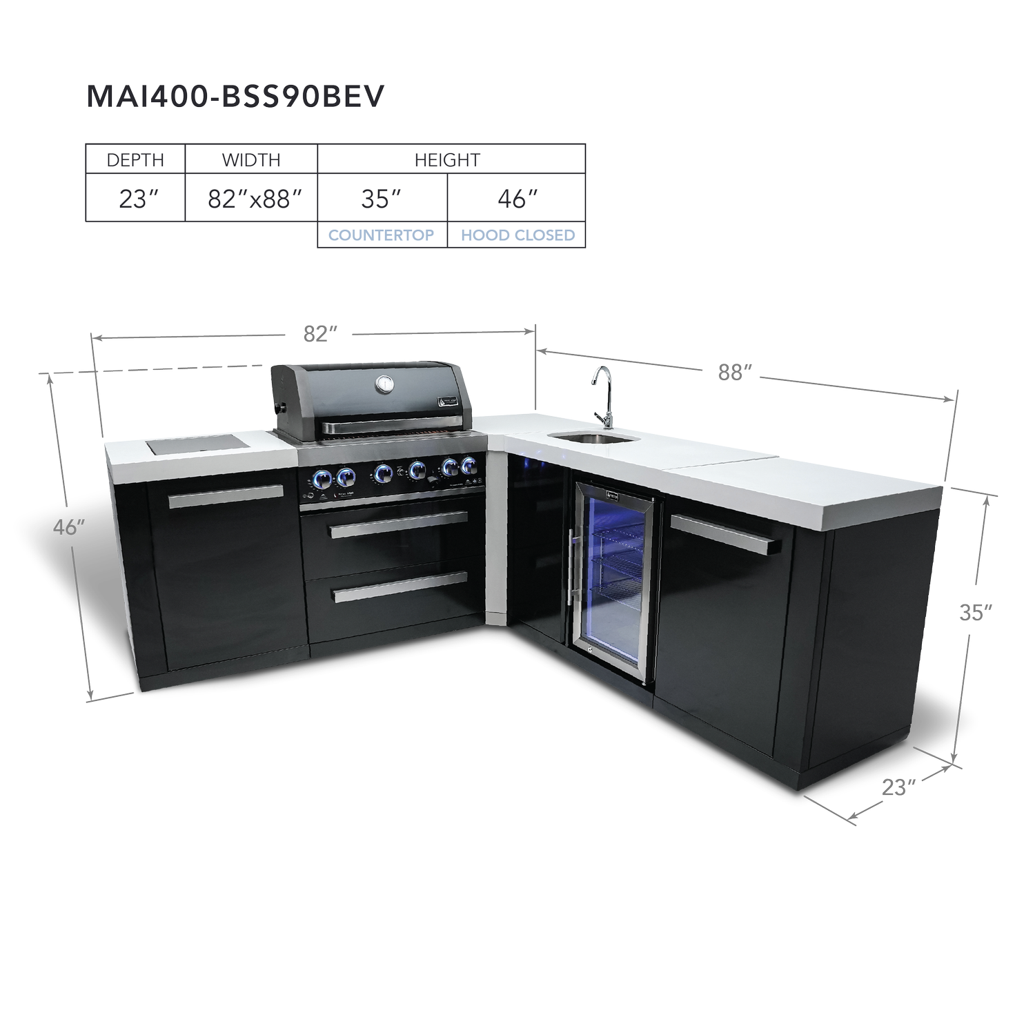 MONT ALPI 4-BURNER BLACK STAINLESS STEEL ISLAND WITH 90-DEGREE CORNER & BEVERAGE CENTER