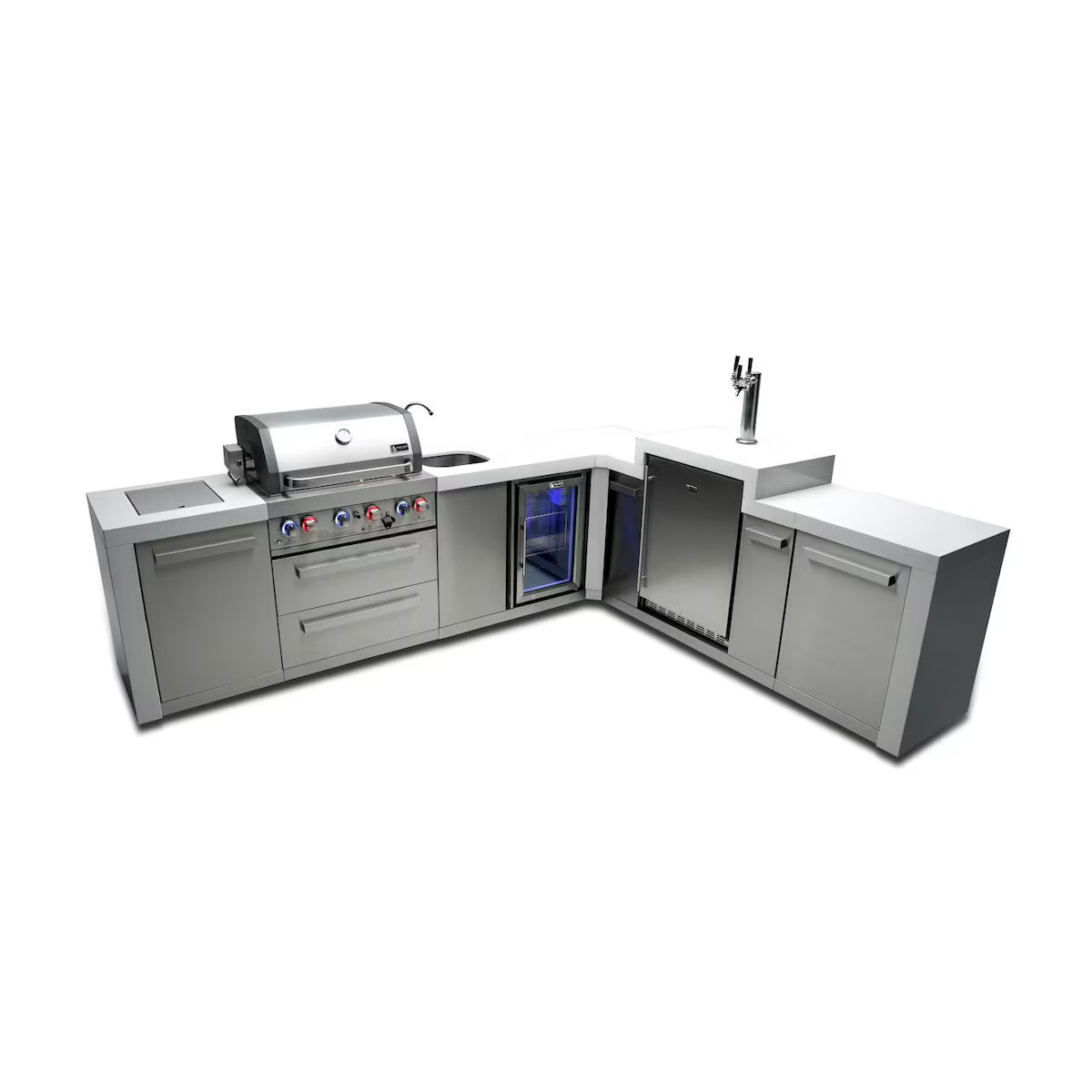 Mont Alpi Deluxe Series 11.5 Ft L-Shaped  Outdoor Kitchen Island w/ Side Burner, Beverage Center & Kegerator