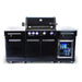 Black outdoor kitchen island with 4-burner gas grill, side burner, refrigerator module and storage cabinets