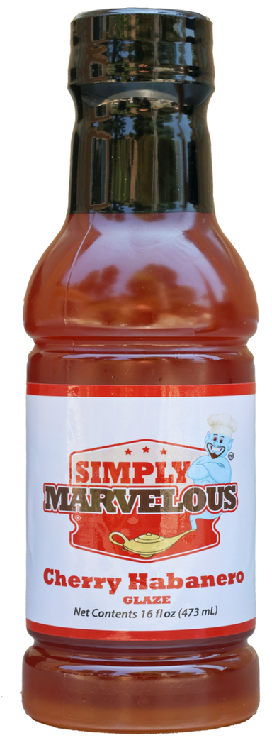 Simply Marvelous Cherry Habanero Glaze bottle, 16 fl oz, red sauce with black cap
