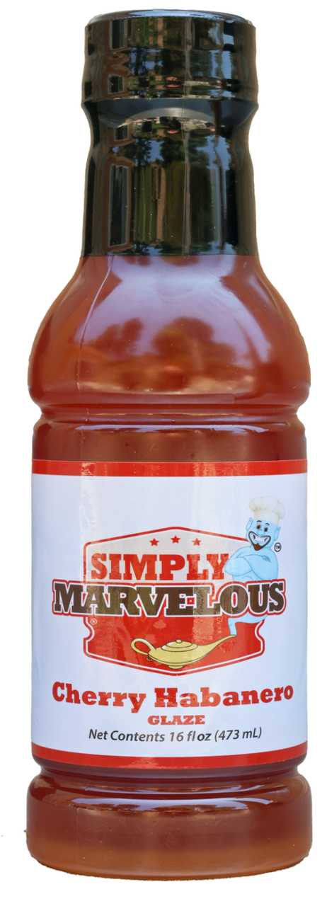 Simply Marvelous Cherry Habanero Glaze bottle, 16 fl oz, red sauce with black cap