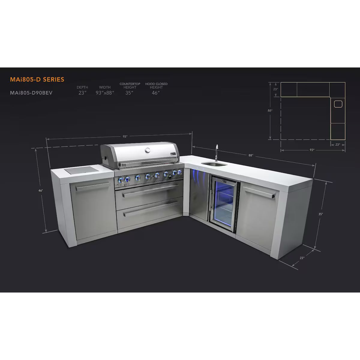 Mont Alpi Deluxe Series 8 Ft L-Shaped  Outdoor Kitchen Island w/ Side Burner & Beverage Center