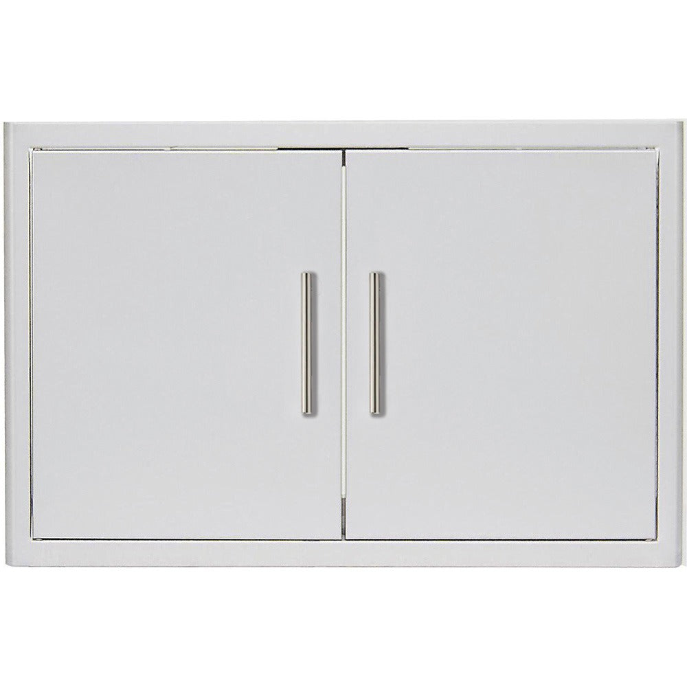Stainless steel outdoor kitchen cabinet doors with double doors and brushed metal handles in white frame