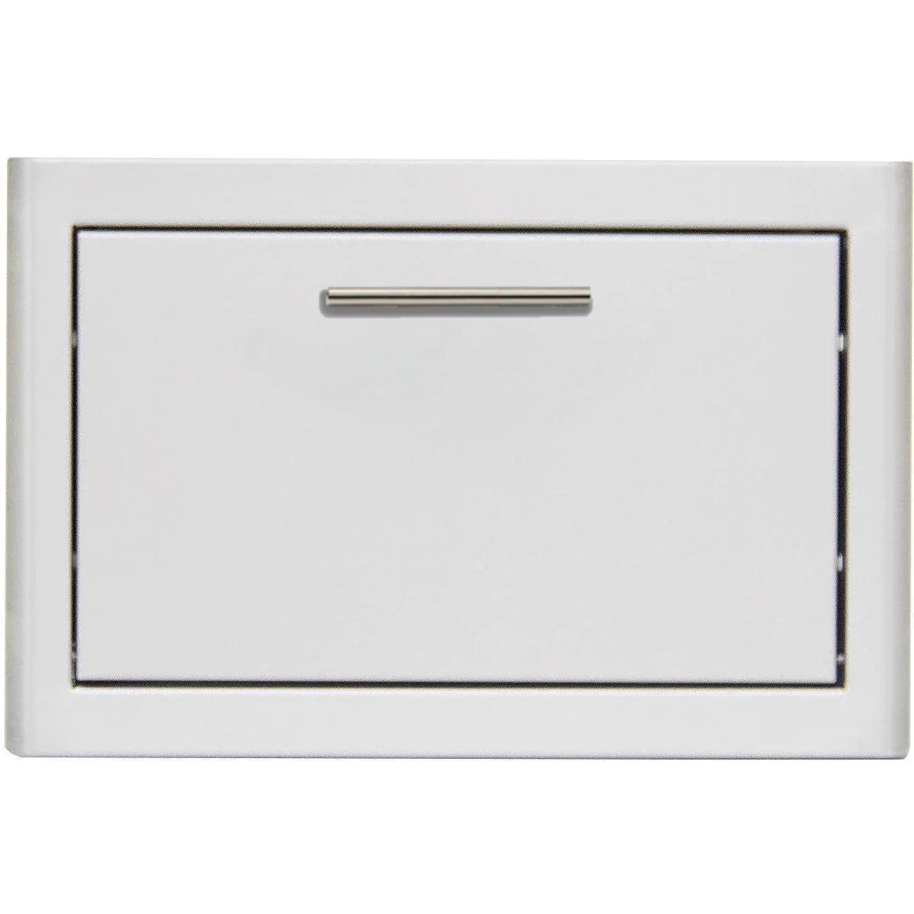 Stainless steel horizontal storage drawer with white finish frame and recessed pull handle for outdoor kitchen module