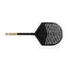 Stainless steel pizza peel with black perforated head and wooden handle for outdoor kitchen