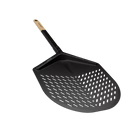 Black stainless pizza peel with medium-sized perforated head and long handle