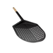 Black stainless pizza peel with medium-sized perforated head and long handle