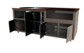 Modular outdoor kitchen base cabinet with tan frame, black doors and shelving, multiple storage compartments, and sink openin