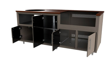 Modular outdoor kitchen base cabinet with tan frame, black doors and shelving, multiple storage compartments, and sink openin