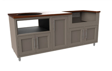 Coastal gray outdoor kitchen module with wood countertop, built-in grill opening, open shelf, and multiple cabinet doors