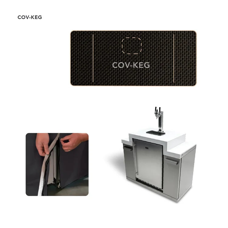 Black textured Keg grill cover with elastic securing straps and COV-KEG branding