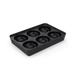 Cast iron 6-cup muffin pan with non-stick surface and handles on dark background