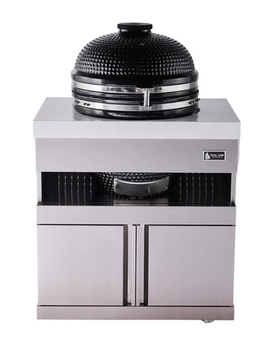 Black kamado grill with stainless steel bands on light gray outdoor kitchen base cabinet with two storage doors