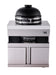 Black kamado grill with stainless steel bands on light gray outdoor kitchen base cabinet with two storage doors