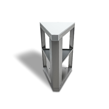 Stainless steel outdoor kitchen module base frame with two shelves and angled top support structure
