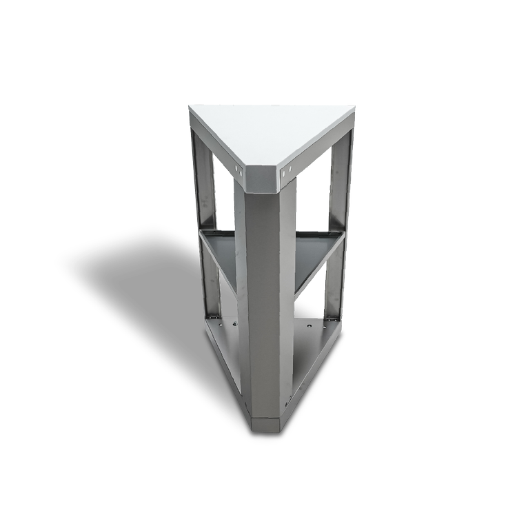 Stainless steel outdoor kitchen module base frame with two shelves and angled top support structure