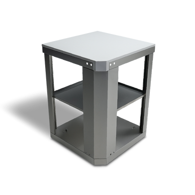 Stainless steel outdoor kitchen module with light gray top surface and two open shelves for storage