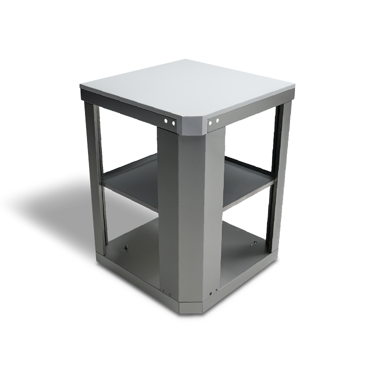 Stainless steel outdoor kitchen module with light gray top surface and two open shelves for storage