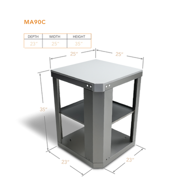 Modular outdoor kitchen cart with stainless steel top, black metal frame, two shelves, 25"W x 23"D x 35"H