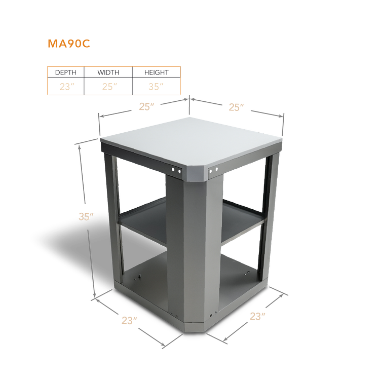 Modular outdoor kitchen cart with stainless steel top, black metal frame, two shelves, 25"W x 23"D x 35"H