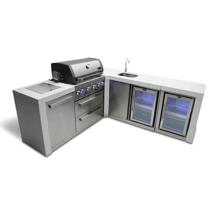 MONT ALPI 4-BURNER DELUXE ISLAND WITH A 90-DEGREE CORNER, BEVERAGE CENTER AND FRIDGE CABINET