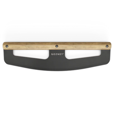 Gozney wood-handled pizza peel rocker with black curved blade and white center section