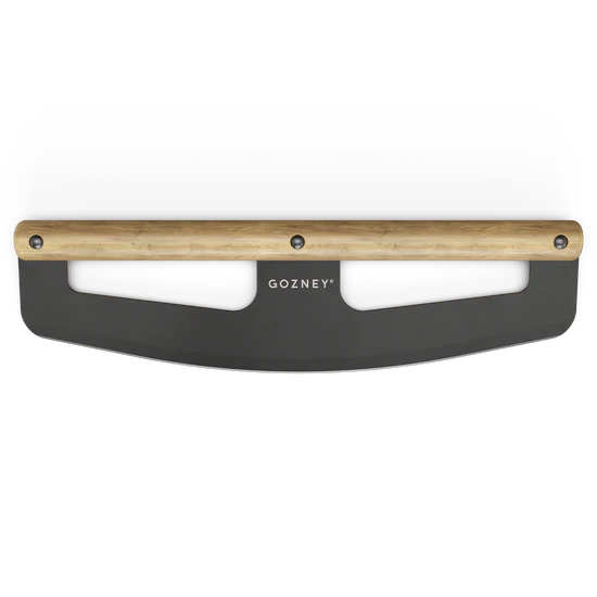 Gozney wood-handled pizza peel rocker with black curved blade and white center section