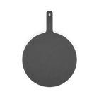 Round gray cast iron skillet with long handle on black background