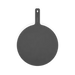 Round gray cast iron skillet with long handle on black background