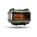 Olive green and black portable kamado grill with dome lid and front door opening
