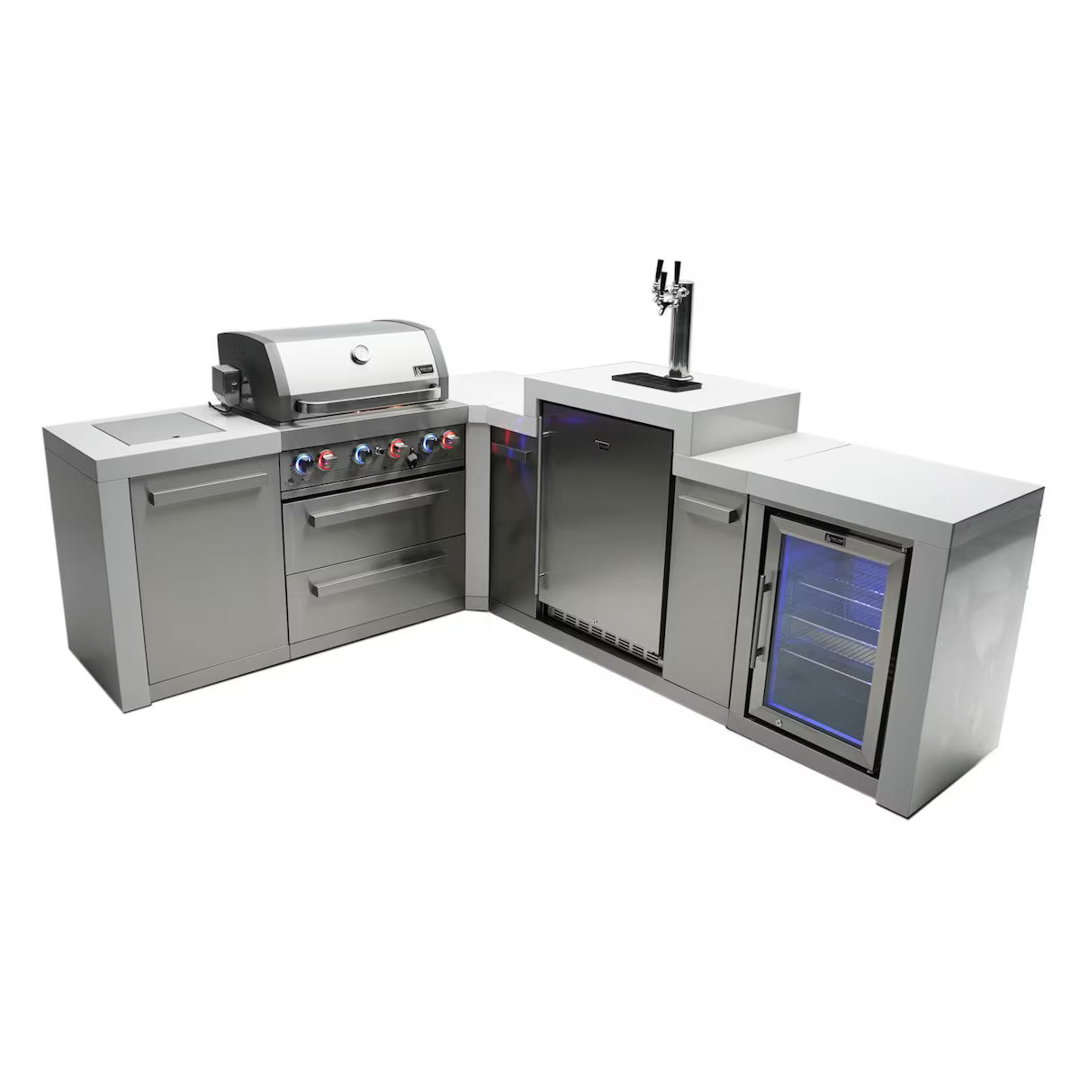 Mont Alpi Deluxe Series 7 Ft L-Shape  Outdoor Kitchen Island w/ Side Burner, Kegerator & Fridge