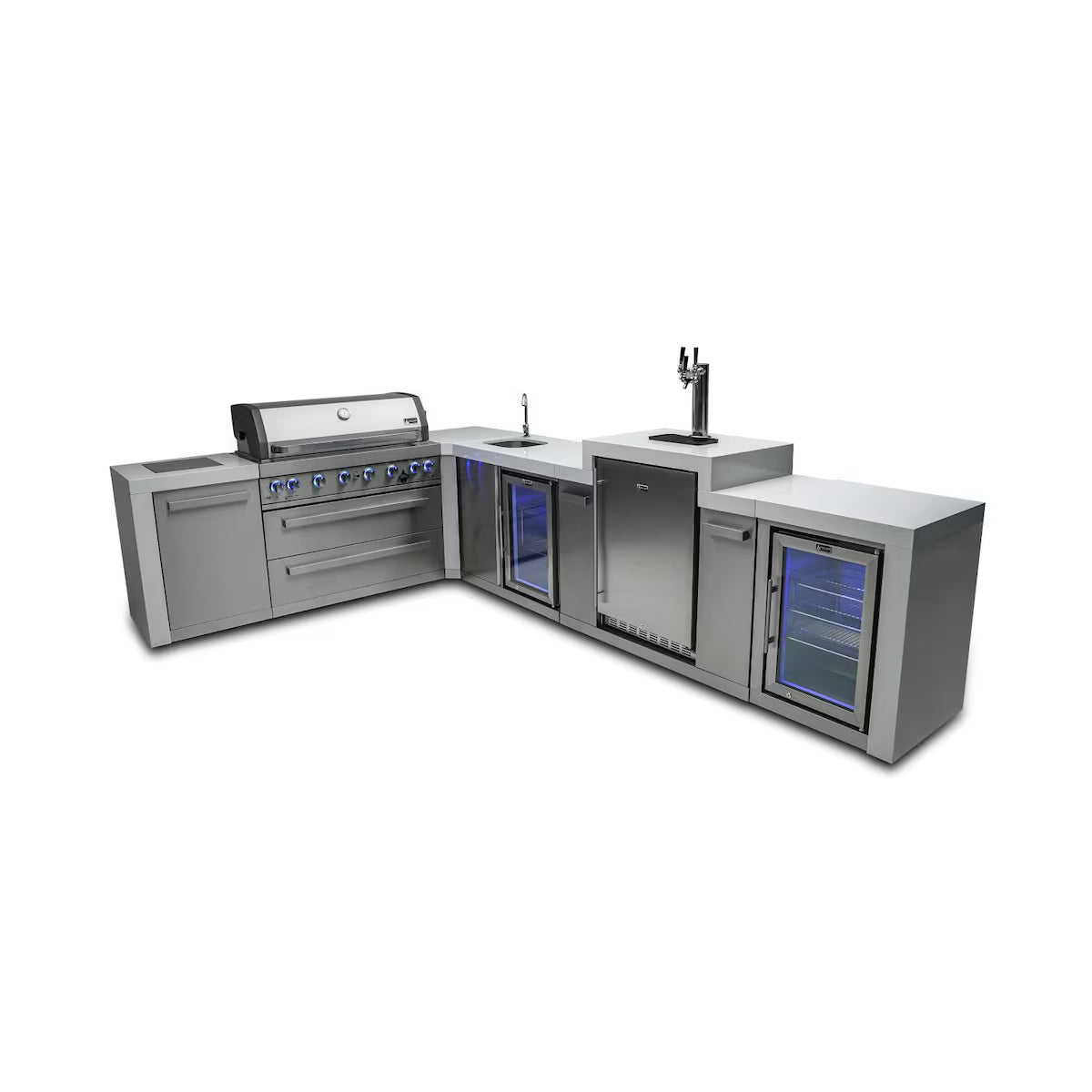 Mont Alpi Deluxe Series 8 Ft L-Shaped Outdoor Kitchen Island w/ Side Burner, Beverage Center, Fridge, & Kegerator