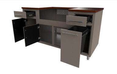 Modular outdoor kitchen island with stainless drawers, cabinet doors, wood countertop, and ventilation ports