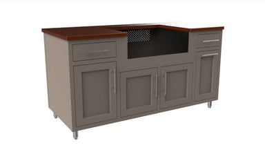 Gray outdoor kitchen module with dark wood countertop, four cabinet doors, two drawers, open grill cavity, and stainless stee