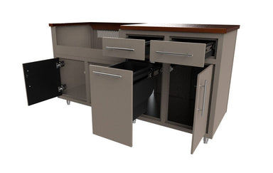 Modular outdoor kitchen unit with taupe cabinetry, wood countertop, stainless handles, drawers, and cabinet doors open showin