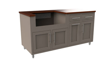 Gray outdoor kitchen module with dark wood top, four cabinet doors, two drawers, and ventilation hood opening on upper left