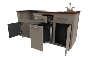 Outdoor kitchen module with taupe cabinets, wood countertop, stainless steel faucet, open drawers and cabinet doors revealing