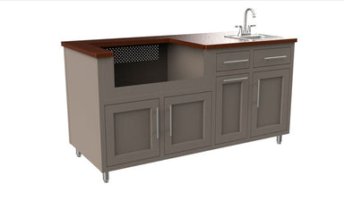 Gray outdoor kitchen module with dark wood countertop, built-in grill opening, sink with faucet, and cabinet storage