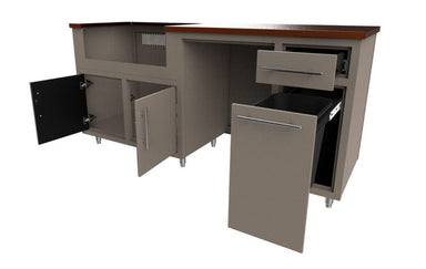 Modular outdoor kitchen with stainless steel drawers and storage cabinets, wood countertop, open door configuration