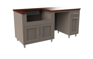 Modular outdoor kitchen island with dark wood countertop, gray cabinetry, dual cabinet doors, side drawers, and stainless ste