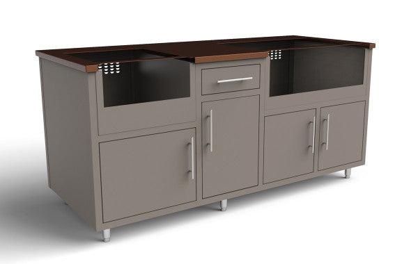 Gray outdoor kitchen module with dark wood top, multiple storage cabinets, center drawer, and open shelving sections