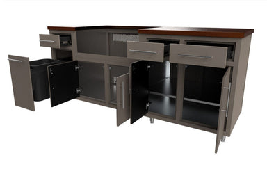 Outdoor kitchen module with stainless steel and black doors, drawers, wood countertop, multiple storage compartments and open