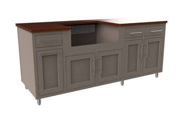 Outdoor kitchen module with gray cabinets, wood countertop, built-in grill opening, drawers, and stainless steel legs