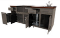 Outdoor kitchen module with stainless sink, dark cabinetry, wood countertop, multiple storage doors, and open shelving config