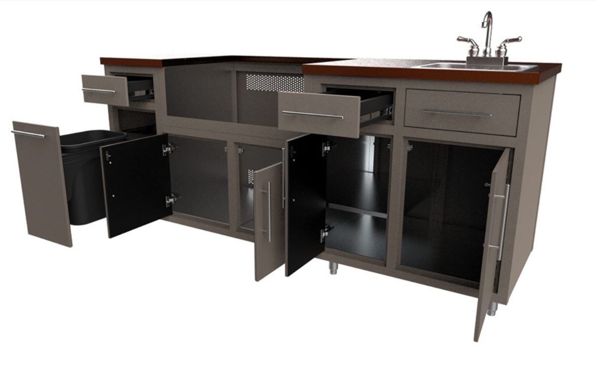 Outdoor kitchen module with stainless sink, dark cabinetry, wood countertop, multiple storage doors, and open shelving config