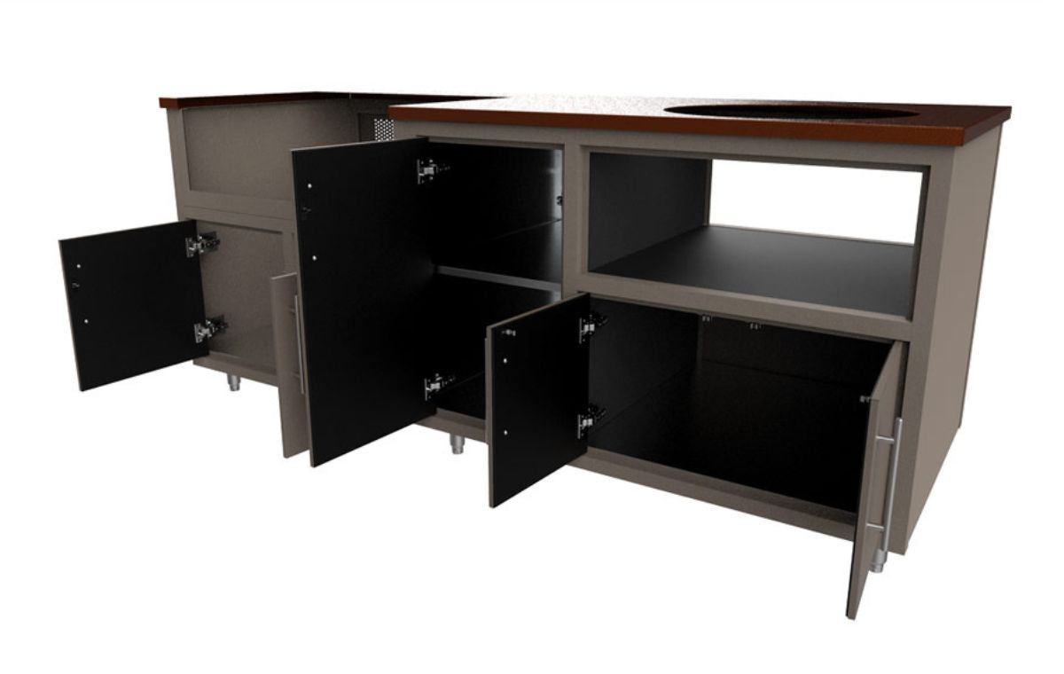 Modular outdoor kitchen with gray frame, wood top, black cabinet doors, open shelving and multiple storage compartments