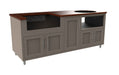 Coastal modular outdoor kitchen with gray cabinetry, wood countertop, sink opening, and stainless grill cutout on right side