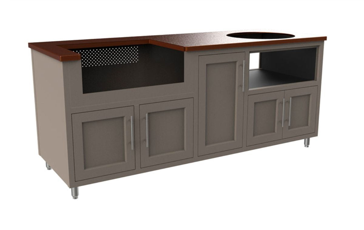 Coastal modular outdoor kitchen with gray cabinetry, wood countertop, sink opening, and stainless grill cutout on right side